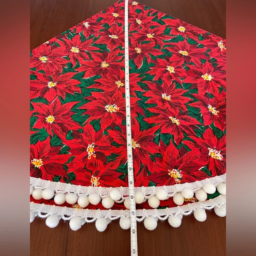 Vintage 52” Round Red Poinsettia Tablecloth with White Pompon Trim